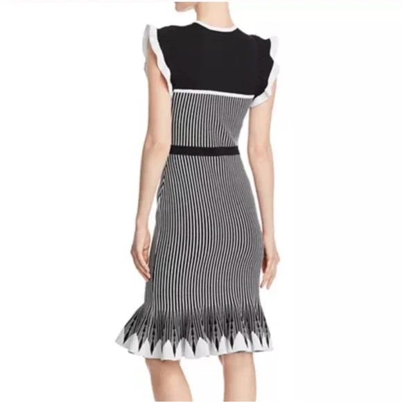 Shoshanna Sinead Knit Fluted Hem Dress Black White Size Small - Picture 2 of 7